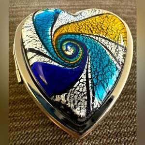 NEW Heart Swirl Pill Case Box Mirror Silver Pocket 2 Compartments Vitamin OOAK
